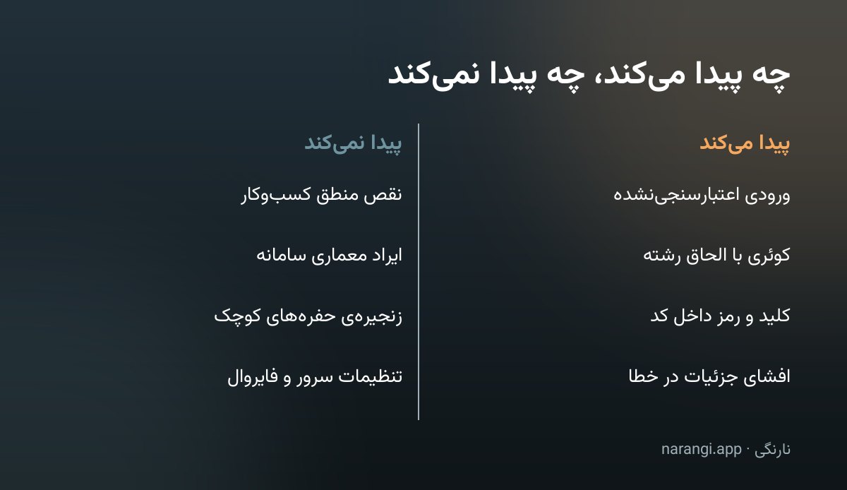 جدول دوستونی که پنج آسیب‌پذیری قابل تشخیص برای مدل را کنار پنج مورد خارج از توان آن گذاشته است