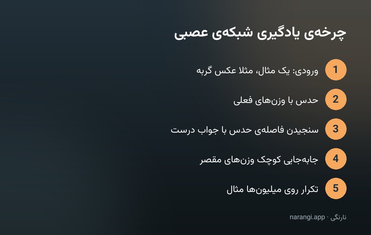 چرخه‌ی یادگیریِ شبکه‌ی عصبی از حدس زدن و سنجیدنِ خطا تا اصلاحِ وزن‌ها و تکرار